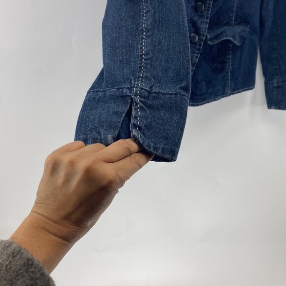 Coldwater Creek Denim Embroidered BOHO Jacket Nehru Collar Cottage size 6 - Picture 6 of 8
